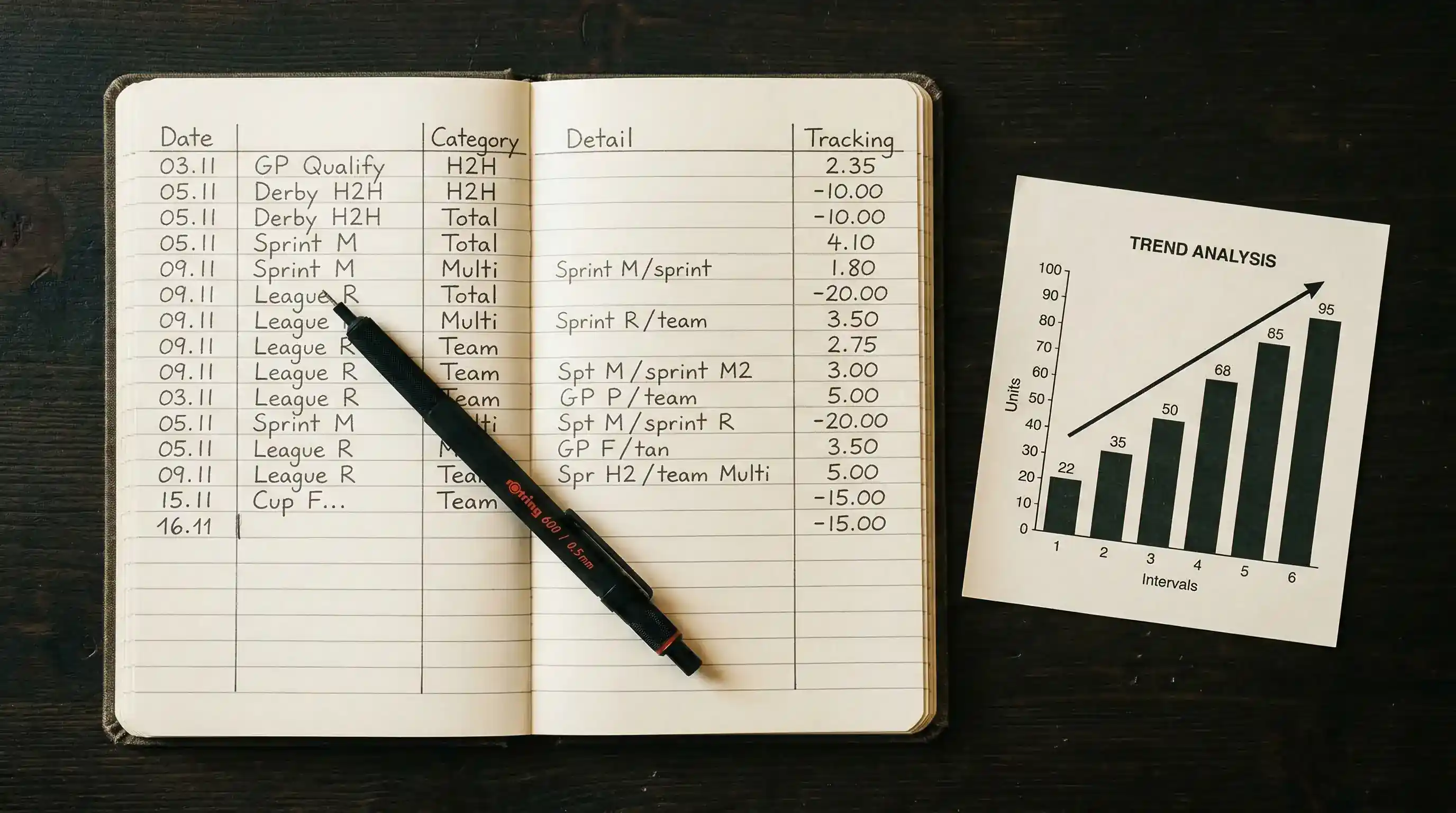 Cuaderno de registro de apuestas de MMA con anotaciones de bankroll y ROI