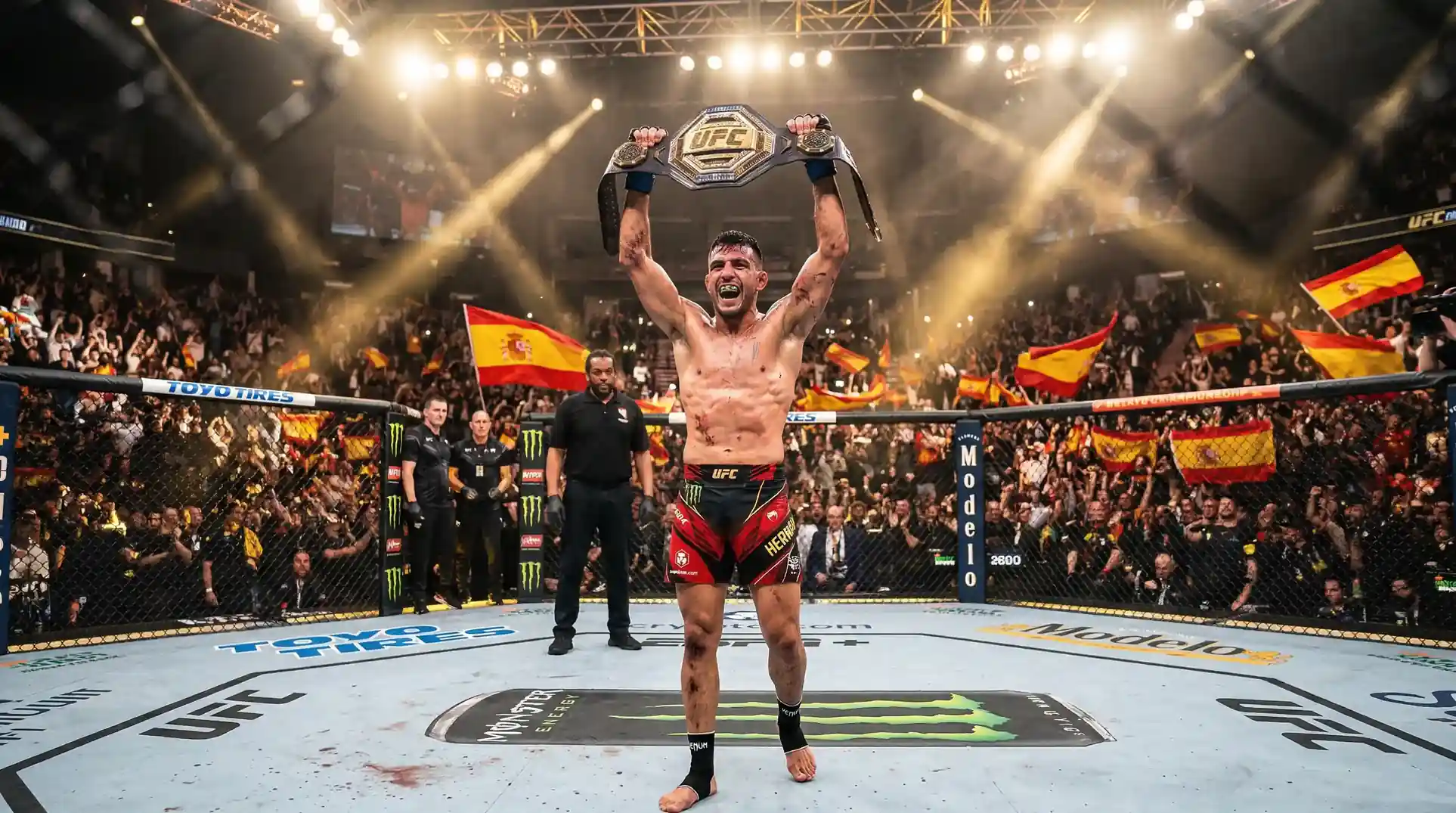 Luchador de MMA con cinturón de campeón celebrando en el octágono ante público español