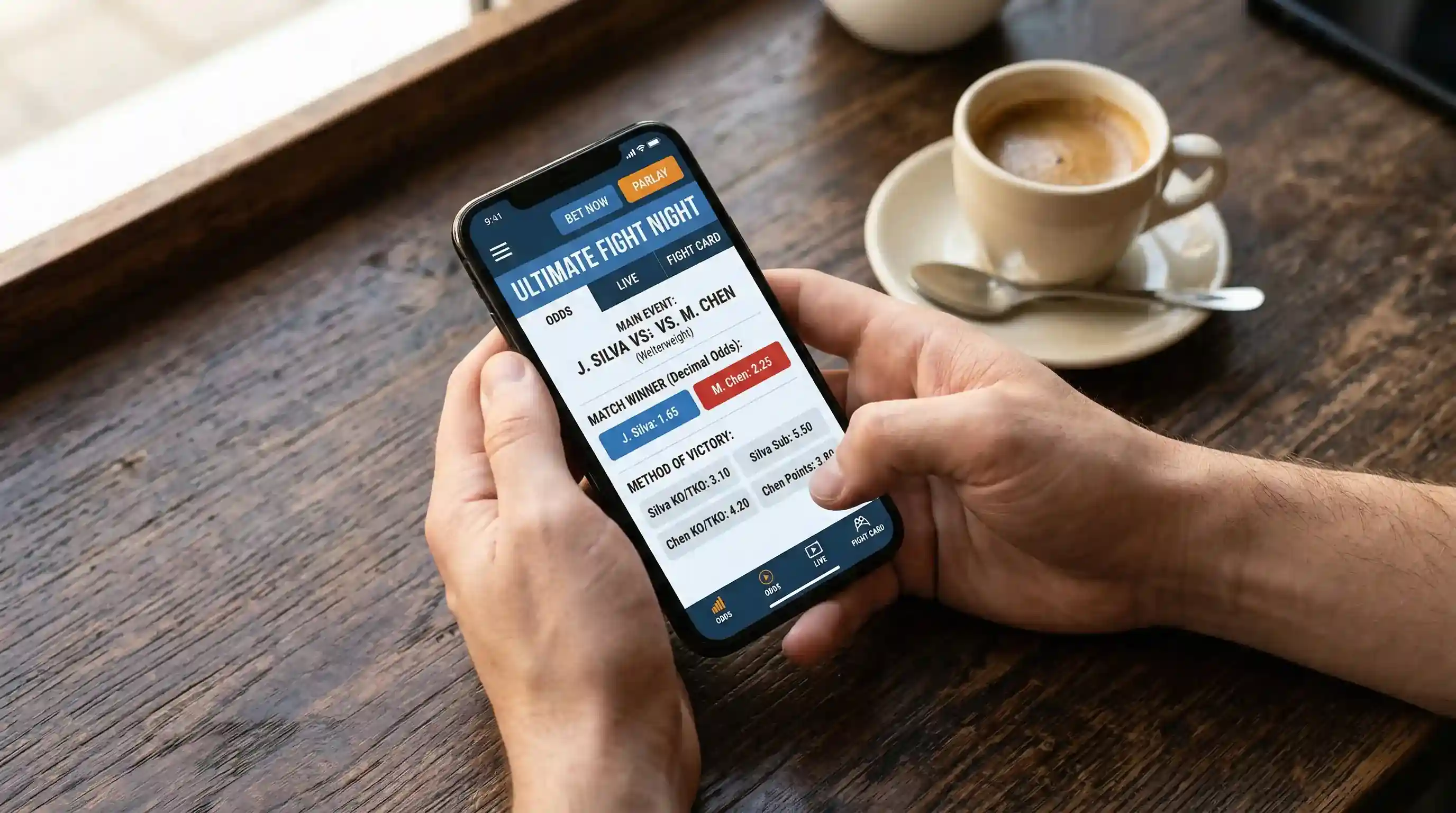 Pantalla de movil mostrando mercados de apuestas de MMA con cuotas decimales